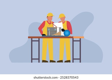 Trabalhadores da Construção Revisando Planos de Construção em uma Tabela 2d ilustração de vetor plana