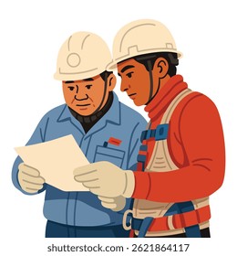 Construction Workers Reviewing Plans Illustration