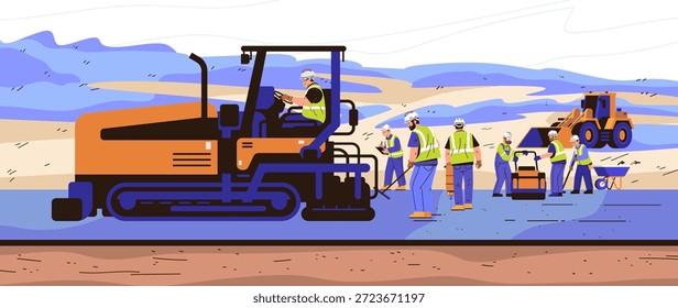 Trabajadores de la construcción Pavimentación de carreteras Trabajo en equipo Maquinaria pesada Sitio al aire libre Equipo de operación Equipo de seguridad Chalecos Cascos Anuncio de paisaje plano