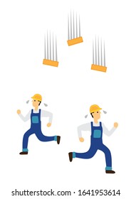 Construction workers running away from falling bricks. Concept of work safety and workplace accident. Vector illustration