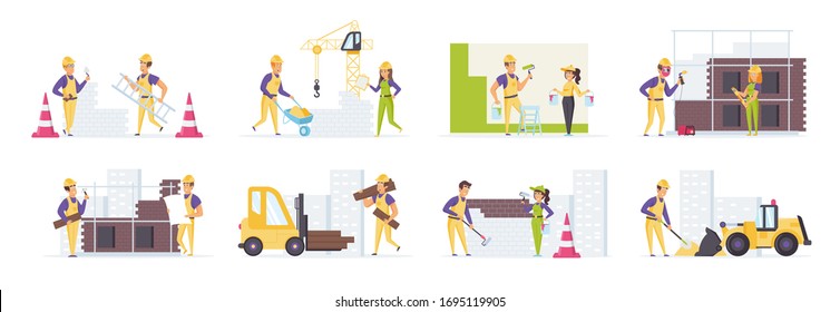 Trabajadores de la construcción en cascos de seguridad y uniforme en diferentes escenas creador de kit y situaciones. Carpintero y pintor en construcción. Equipo de construcción profesional en estilo plano