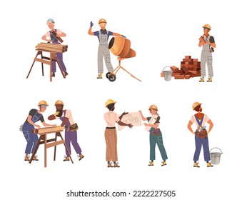 Construction workers set. Architect and construction builders characters with construction tools vector illustration