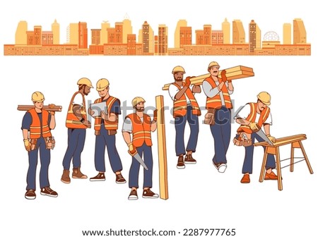 Construction workers set and city buildings. Carpenter repairman. Building work services. The Builder or manual worker wearing a uniform. People working industrial jobs. Flat Vector illustration. 