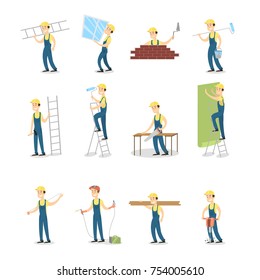 Construction workers set. Man in outfit with hardhat working and building.
