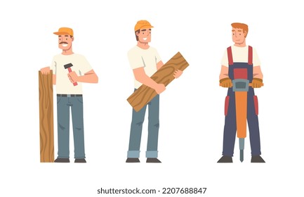 Construction workers set. Men builders in uniform with drill and planks cartoon vector illustration