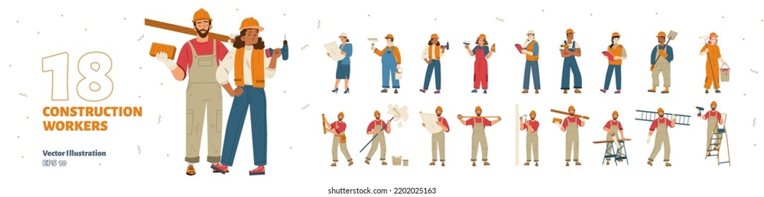 Construction workers set, repair service employees, builders, repairmen and renovation foremen. Male and female characters in uniform with professional tools Isolated line art flat vector illustration - Shutterstock ID 2202025163