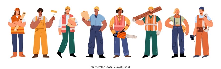 Construction workers set, repair service employees, builders, repairmen and renovation foremen. Vector in flat style, isolated collection of men and women personages wearing helmets and uniforms