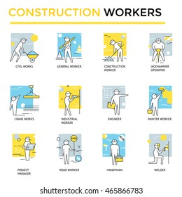 Construction workers set, thin line flat icons