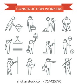 Construction workers set, thin line flat icons