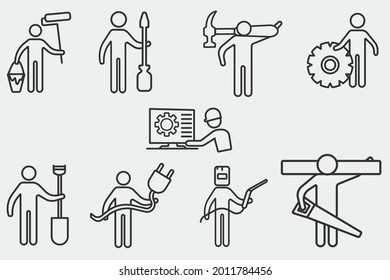 Construction workers set vector icons illustration signs