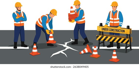 Construction workers setting up safety cones and signage on a city road during maintenance to ensure traffic safety and secure work environment isometric cartoon