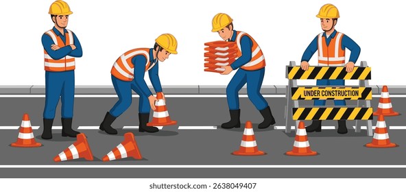 Construction workers setting up safety cones and signage on a city road during maintenance to ensure traffic safety and secure work environment isometric cartoon