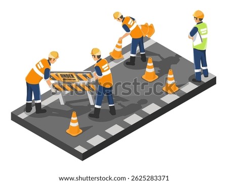 Construction workers setting up safety cones and signage on a city road during maintenance to ensure traffic safety and secure work environment isometric cartoon