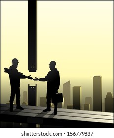 construction workers shaking hands at a height