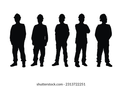 Colección de siluetas de trabajadores de la construcción. Un arquitecto hombre con un paquete de silueta uniforme. Hombre arquitecto con caras anónimas. La silueta de trabajo masculino estableció un vector sobre un fondo blanco.