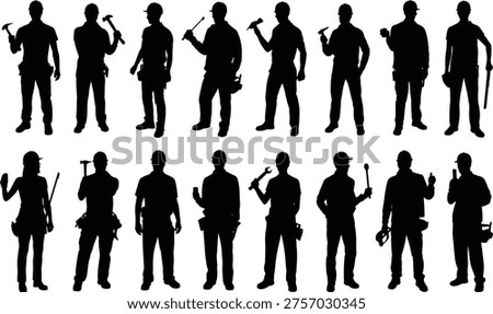 Construction workers silhouettes collection, handyman builders holding hammer wrench tools, professional labor occupation people set isolated black vector illustration