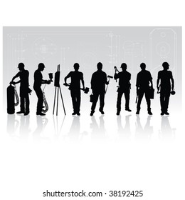 Construction workers silhouettes with different tools on technical background