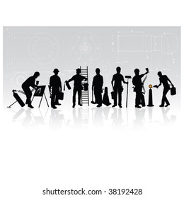 Construction workers silhouettes with different tools on technical background