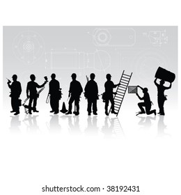 Construction workers silhouettes with different tools on technical background