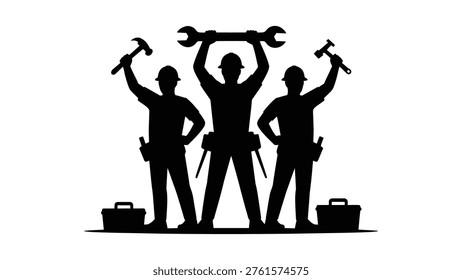 Construction workers silhouettes holding tools overhead symbolizing strength teamwork unity and skilled labour workforce in industrial profession design