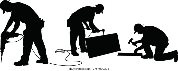 Construction workers silhouettes using drill, cutting machine and hammer, manual labor and carpentry tools in action, vector illustration isolated on white background