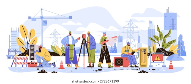 Construction workers skilled trades teamwork building site professionals operating equipment blueprints electrical and HVAC repair city background flat