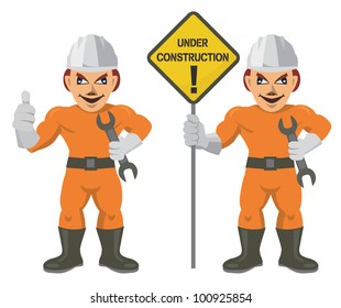Construction workers with spanner and sign UNDER CONSTRUCTION. Vector illustration.
