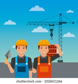 construction workers with spatula bricks crane on sky background