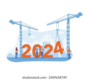 Los trabajadores de la construcción apilan los números 2024 con una grúa. Bienvenidos al año nuevo en el edificio. Negocios en el concepto de Año Nuevo 2024. Ilustración plana vectorial moderna de tendencia