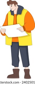 Construction workers are standing holding planning agreement papers, creative illustration design