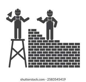 construction workers stay on scaffold with trowel in hand build brick wall icon