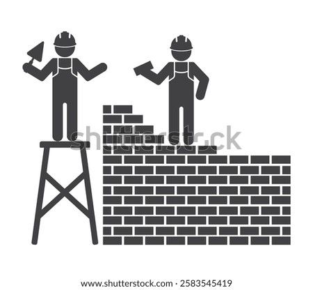 construction workers stay on scaffold with trowel in hand build brick wall icon