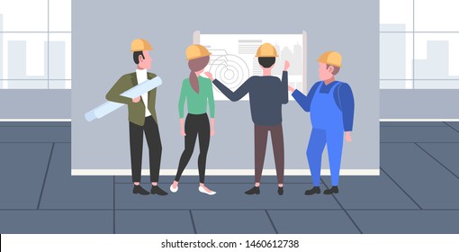 construction workers studying blueprint engineers team discussing new building project during meeting industrial technicians teamwork concept modern apartment interior full length horizontal
