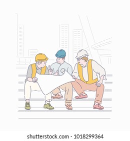 Construction workers talking about design drawings at construction sites. hand drawn style vector doodle design illustrations.