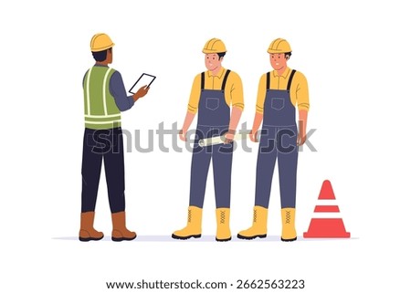 Construction Workers Team briefing Illustration. Flat Vector Illustration