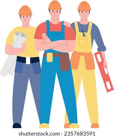Construction workers team. Engineer and contractor male characters