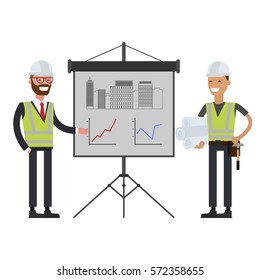 Construction workers team and Engineer in hard hats. Vector illustration flat