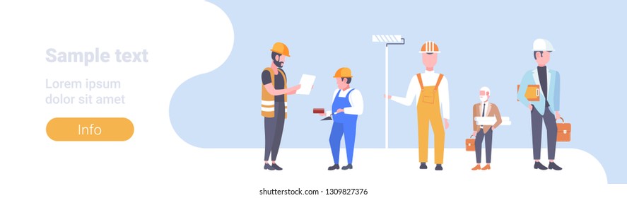 construction workers team industrial technicians men builders group male cartoon characters full length horizontal copy space