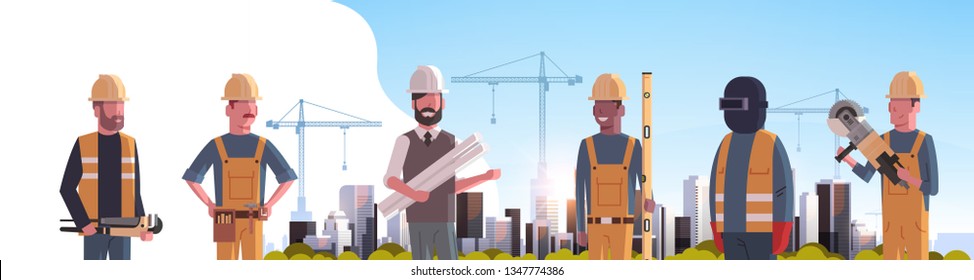 Construction Workers Team Industrial Technicians Builders Group Over City Construction Site Tower Cranes Building Residential Buildings Cityscape Background Flat Horizontal Portrait