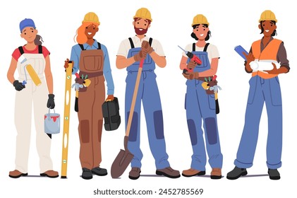 Construction Workers Team Male And Female Characters Stand In Row With Paint Bucket, Level, Shovel and Toolbox, Drill and Blueprints In Hand, Ready To Work. Cartoon People Vector Illustration svg