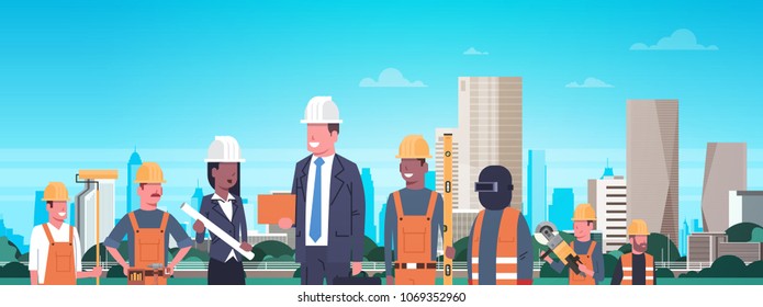 Construction Workers Team Over Modern City Background Horizontal Banner