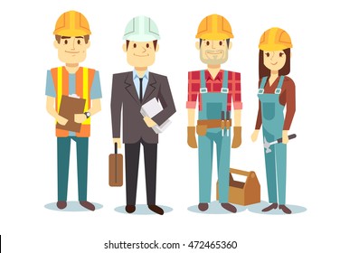 Construction workers team vector builder characters group foreman architect and investor illustration