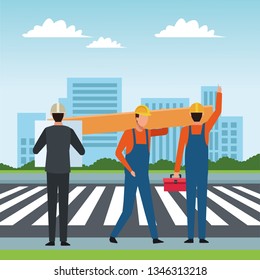 Construction workers workers tools