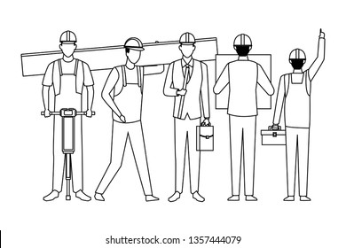Construction workers workers tools in black and white
