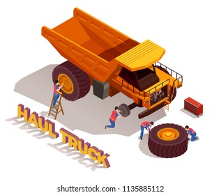 Construction Workers With Tools During Repair Of Haul Truck Wheels Isometric Composition On White Background Vector Illustration