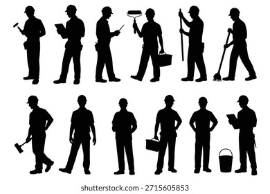 Trabalhadores da construção civil com silhuetas de ferramentas e equipamentos