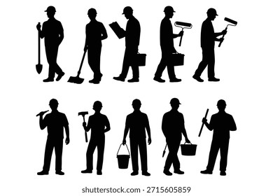 Trabajadores de la construcción con siluetas de herramientas y equipos