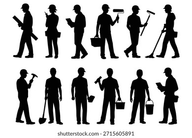 Trabajadores de la construcción con herramientas y siluetas de Planes