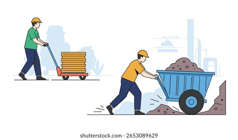 Construction Workers Transporting Building Materials and Soil on a Busy Worksite