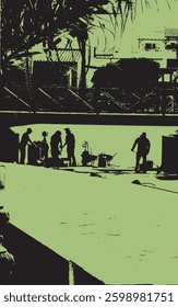 Construction workers under bridge abstract silhouette